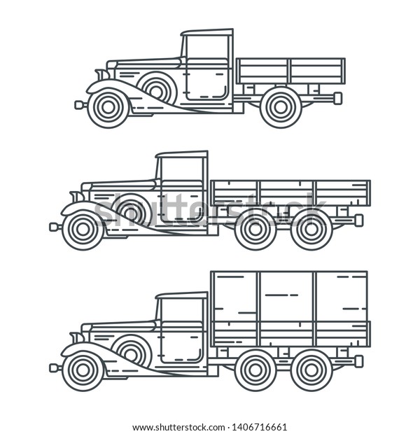 Line vector icon set american oldtimer cargo truck.\
Classic 1930 style. Nostalgia antique automobile. Transport gas\
station. Vintage country highway. Worker retro garage. Illustration\
collection car