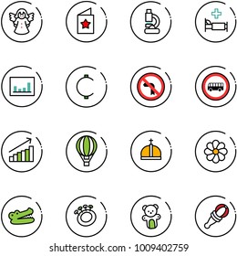 line vector icon set - angel vector, star postcard, lab, hospital bed, statistics, cent, no left turn road sign, bus, growth, air balloon, crown, flower, crocodile, beanbag, bear toy