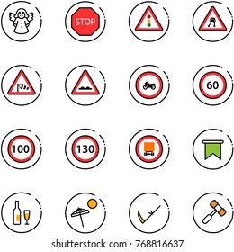 line vector icon set - angel vector, stop road sign, traffic light, slippery, side wind, rough, no moto, speed limit 60, 100, 130, dangerous cargo, flag, wine, beach, scythe, toy hammer