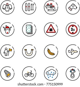 line vector icon set - angel vector, ski, santa sleigh, dog, christmas deer hat, breads, tunnel road sign, limited height, win, luck, banana, plane, shell, bike, snow, beanbag