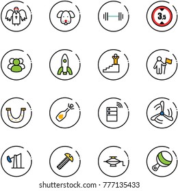 line vector icon set - angel vector, dog, barbell, limited height road sign, group, rocket, success, win, luck, fizz opening, server wireless, wind mill, oil derrick, screw, jack, beanbag