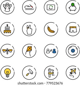 line vector icon set - angel vector, snowmobile, card exchange, piggy bank, building, victory, banana, swimsuit, dragonfly, kite, information, cd, bulb, paint roller, clamp