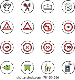 line vector icon set - angel vector, santa stick, doctor hat, money back, children road sign, artificial unevenness, no left turn, speed limit 20, 40, 50, 60, 100, fast backward, flag, wine