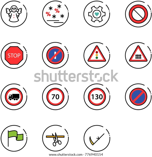 line vector icon set - angel vector, christmas\
sale, heart gear, prohibition road sign, stop, no parkin odd,\
traffic light, railway intersection, truck, speed limit 70, 130,\
parking, flag, opening