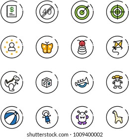 line vector icon set - annual report vector, end speed limit road sign, target, star man, butterfly, pyramid toy, kite, dinosaur, cube, horn, doll, beach ball, monster, giraffe