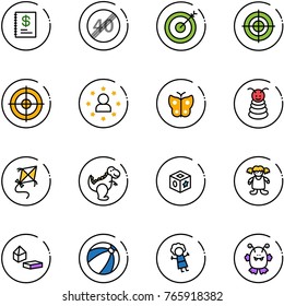 line vector icon set - annual report vector, end speed limit road sign, target, star man, butterfly, pyramid toy, kite, dinosaur, cube, doll, constructor blocks, beach ball, monster