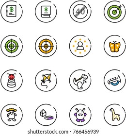 line vector icon set - annual report vector, end speed limit road sign, target, star man, butterfly, pyramid toy, kite, dinosaur, horn, doll, constructor blocks, monster, giraffe