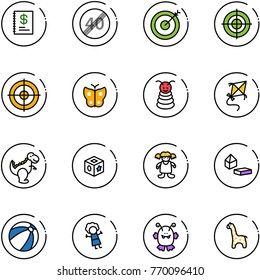 line vector icon set - annual report vector, end speed limit road sign, target, butterfly, pyramid toy, kite, dinosaur, cube, doll, constructor blocks, beach ball, monster, giraffe