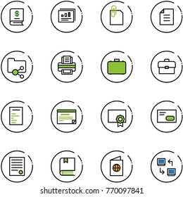 line vector icon set - annual report vector, statistics, attachment, document, shared folder, printer, case, portfolio, schedule, certificate, envelope, agreement, book, passport, data exchange