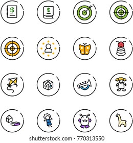 line vector icon set - annual report vector, target, star man, butterfly, pyramid toy, kite, cube, horn, doll, constructor blocks, monster, giraffe