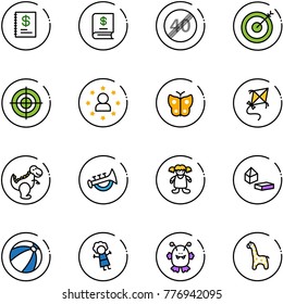 line vector icon set - annual report vector, end speed limit road sign, target, star man, butterfly, kite, dinosaur toy, horn, doll, constructor blocks, beach ball, monster, giraffe