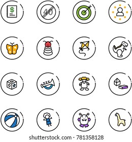 line vector icon set - annual report vector, end speed limit road sign, target, star man, butterfly, pyramid toy, kite, dinosaur, cube, horn, doll, constructor blocks, beach ball, monster, giraffe