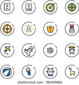 line vector icon set - annual report vector, target, star man, butterfly, pyramid toy, kite, dinosaur, cube, doll, beach ball, monster, giraffe