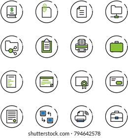 line vector icon set - annual report vector, attachment, document, network folder, shared, clipboard, printer, case, schedule, certificate, envelope, agreement, data exchange, wireless