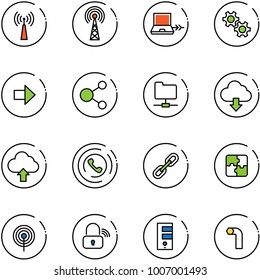 line vector icon set - antenna vector, netabook connect, gear, right arrow, share, network folder, download cloud, upload, phone horn, link, puzzle, wireless lock, server, allen key