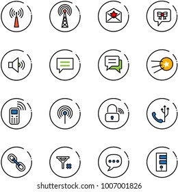 line vector icon set - antenna vector, star letter, bow message, volume medium, chat, first satellite, mobile phone, wireless lock, link, no signal, server