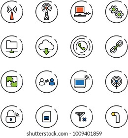 line vector icon set - antenna vector, netabook connect, gear, network folder, download cloud, phone horn, link, puzzle, information exchange, notebook wi fi, wireless lock, sim, no signal