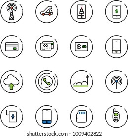 line vector icon set - antenna vector, trap truck, christmas mobile, payment, credit card, phone, upload cloud, horn, growth, power bank, micro flash, toy
