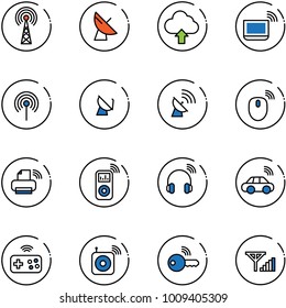 line vector icon set - antenna vector, satellite, upload cloud, notebook wi fi, mouse wireless, printer, music player, headphones, car, joystick, speaker, key, fine signal