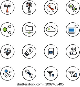 line vector icon set - antenna vector, phone, gear, share, network folder, cloud, notebook wi fi, usb, sim, router, molecule, link, no signal, fine