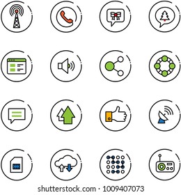 line vector icon set - antenna vector, phone, bow message, merry christmas, website, volume medium, share, friends, chat, arrow up, finger, satellite, sim, cloud exchange data, circuit, radio