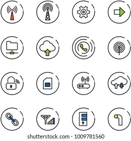 line vector icon set - antenna vector, gear, right arrow, network folder, upload cloud, phone horn, wireless lock, sim, wi fi router, exchange data, link, fine signal, server, allen key