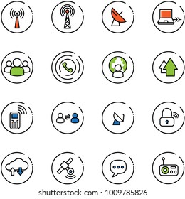 line vector icon set - antenna vector, satellite, netabook connect, group, phone horn, man globe, arrow up, mobile, information exchange, wireless lock, cloud data, chat, radio