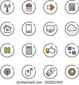 line vector icon set - antenna vector, trash bin, right arrow, calculator, home, phone, monitor cursor, refresh cloud, pause, finger up, data exchange, mouse wireless, usb wi fi, nut
