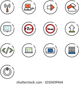 line vector icon set - antenna vector, netabook connect, right arrow, clouds, diagnostic monitor, limited width road sign, no cart horse, uplooad, tag code, statistics, game console, binary