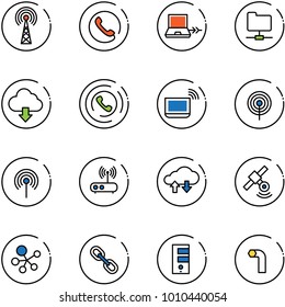 line vector icon set - antenna vector, phone, netabook connect, network folder, download cloud, horn, notebook wi fi, router, exchange data, satellite, molecule, link, server, allen key