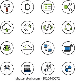 line vector icon set - antenna vector, bitcoin, website, share, upload cloud, redo, tag code, community, group, data exchange, notebook wi fi, binary, router, atom core