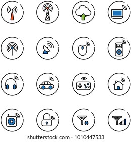 line vector icon set - antenna vector, upload cloud, notebook wi fi, satellite, mouse wireless, music player, headphones, car, joystick, home, speaker, lock, no signal, fine