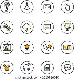 line vector icon set - antenna vector, christmas tree, tap pay, hand touch, gear, download cloud, chat, globe, tv news, award, flags cross, money, stars, wireless headphones, sim