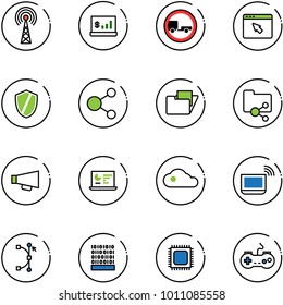 line vector icon set - antenna vector, account statistics, no trailer road sign, cursor browser, shield, share, folder, shared, loudspeaker, monitor, cloud, notebook wi fi, bezier, binary code, cpu