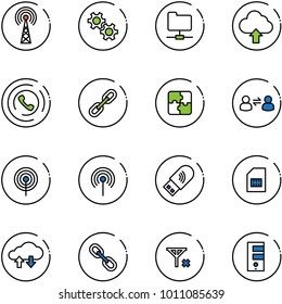 line vector icon set - antenna vector, gear, network folder, upload cloud, phone horn, link, puzzle, information exchange, usb wi fi, sim, data, no signal, server