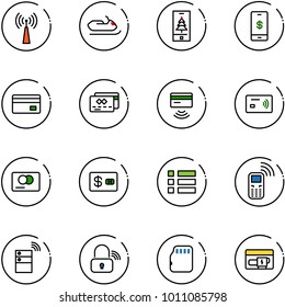 line vector icon set - antenna vector, snowmobile, christmas mobile, payment, credit card, tap pay, menu, phone, server wireless, lock, micro flash, generator