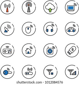 line vector icon set - antenna vector, upload cloud, notebook wi fi, satellite, mouse wireless, headphones, car, joystick, home, speaker, usb, key, router, no signal, fine