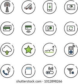 line vector icon set - antenna vector, trap truck, mobile payment, credit card, tap pay, exchange, upload cloud, star, growth, music player, phone, micro flash, wi fi router, no signal