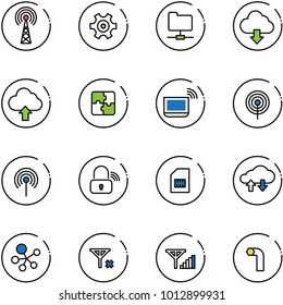 line vector icon set - antenna vector, gear, network folder, download cloud, upload, puzzle, notebook wi fi, wireless lock, sim, exchange data, molecule, no signal, fine, allen key