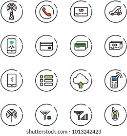 line vector icon set - antenna vector, phone, credit card, trap truck, mobile heart monitor, payment, menu, upload cloud, no signal, fine, toy