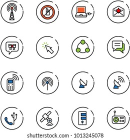 line vector icon set - antenna vector, no mobile sign, netabook connect, star letter, bow message, cursor, social, chat, phone, satellite, server, radio
