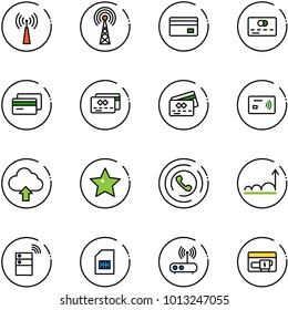 line vector icon set - antenna vector, credit card, tap pay, upload cloud, star, phone horn, growth, server wireless, sim, wi fi router, generator