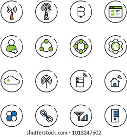 line vector icon set - antenna vector, bitcoin, website, user login, social, friends, gear globe, cloud, server wireless, home, atom core, link, fine signal