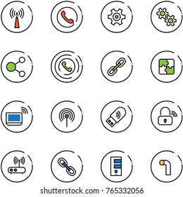 line vector icon set - antenna vector, phone, gear, share, horn, link, puzzle, notebook wi fi, usb, wireless lock, router, server, allen key