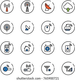 line vector icon set - antenna vector, satellite, upload cloud, mouse wireless, printer, music player, home, speaker, identity card, key, wi fi router, no signal, fine