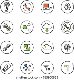 line vector icon set - antenna vector, phone, netabook connect, gear, share, download cloud, horn, link, puzzle, usb wi fi, molecule, no signal, allen key