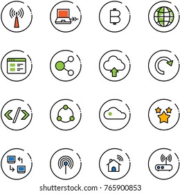 line vector icon set - antenna vector, netabook connect, bitcoin, globe, website, share, upload cloud, redo, tag code, community, stars, data exchange, wireless home, wi fi router