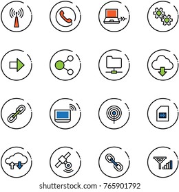 line vector icon set - antenna vector, phone, netabook connect, gear, right arrow, share, network folder, download cloud, link, notebook wi fi, sim, exchange data, satellite, fine signal