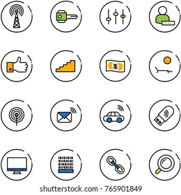 line vector icon set - antenna vector, key, settings, user password, finger up, stairs, money, lounger, wireless mail, car, usb wi fi, monitor, binary code, link, magnifier