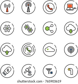 line vector icon set - antenna vector, phone, netabook connect, gear, share, download cloud, upload, horn, usb wi fi, satellite, no signal, allen key